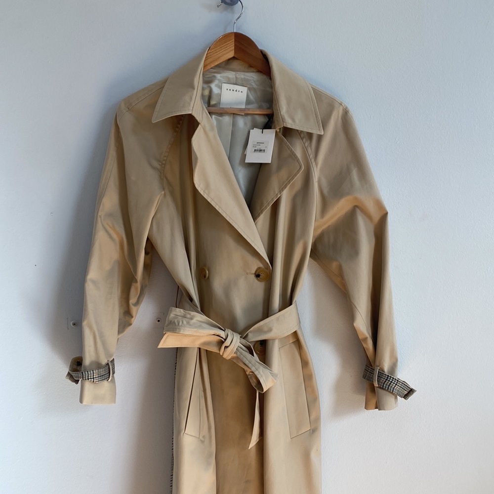 Sandro “Victory” Classic Trench Coat NWT with Plaid Back Detail Medium 40 - Picture 11 of 17